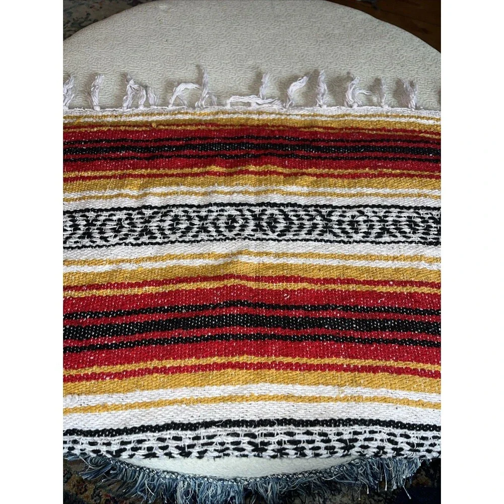 Red  Yellow Black Stripe  Rug Throw Blanket With Fringe Mexico 48 X 70